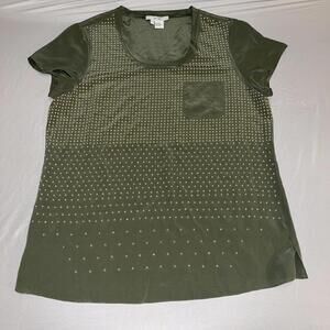 Per Se Olive Green Silk Short Sleeve T-Shirt Gold Studded Design Size 14